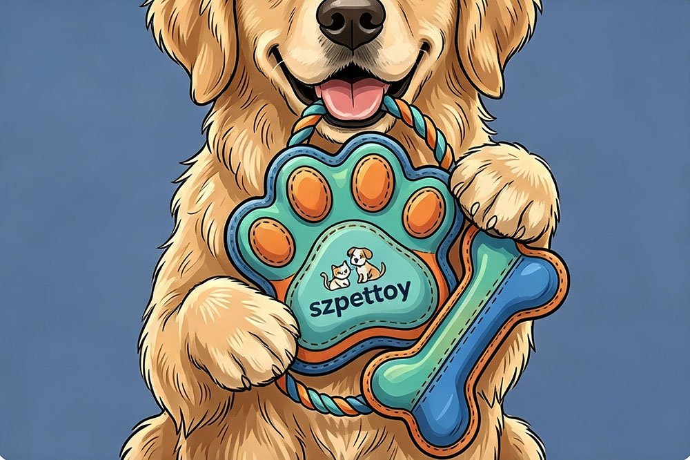 Safety-tested finished SZpettoy custom plush toy held by a Golden Retriever